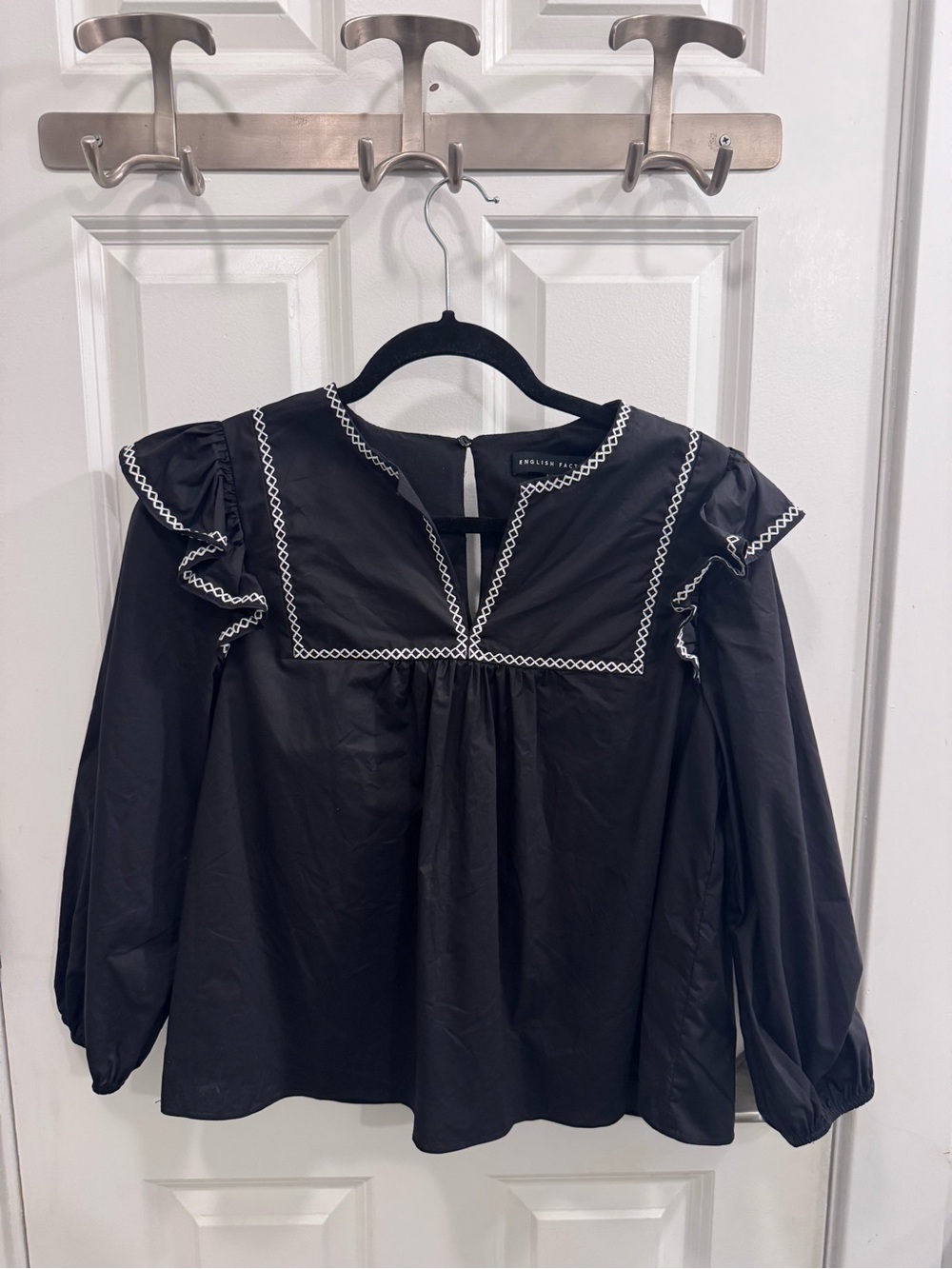 English Factory Black Blouse with White Trim - Square Yoke Ruffle Top